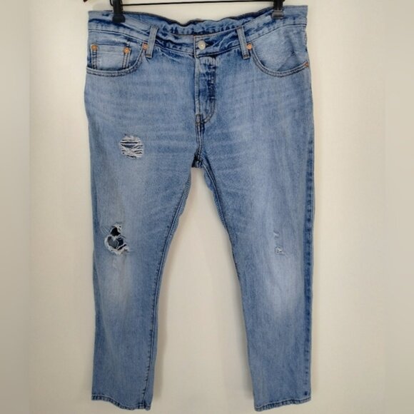 Levi’s 501 CT Button Fly Distressed Cropped Blue Denim Jeans Off Road - Picture 1 of 14